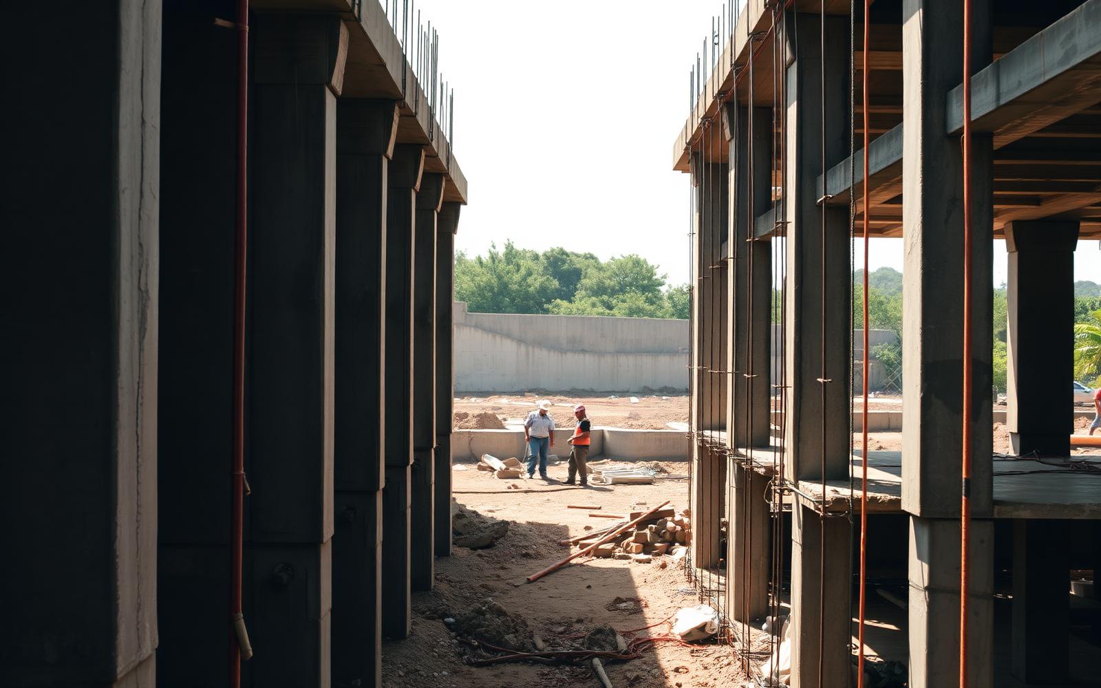 Estrutura de concreto armado em construção com armaduras de aço aparentes