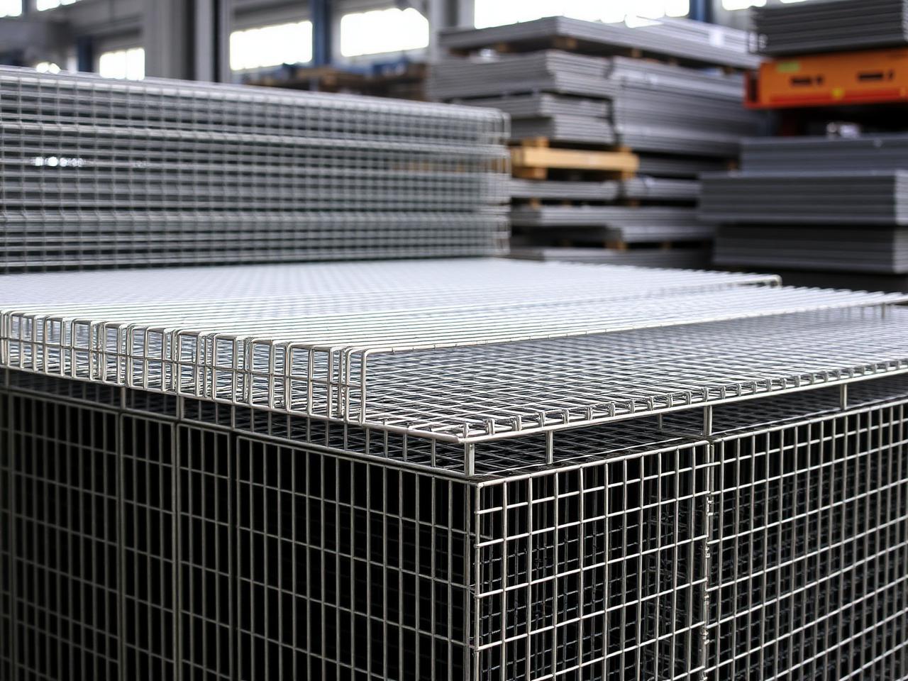 Painéis de tela soldada empilhados em depósito de materiais